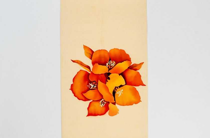 Japanese Ceremonial Silk Wall Tapestry – The Higanbana, Spider Lily in Pale Gold and Vermilion